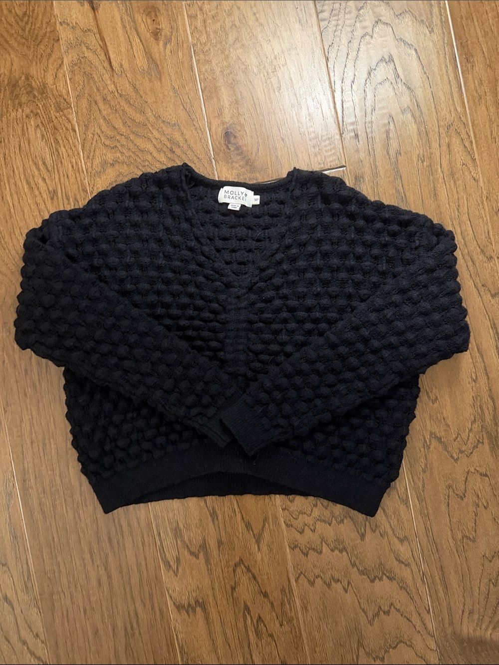 NWOT Molly Bracken Girl V-Neck Popcorn Knit Cropped Sweater Black 14Y
